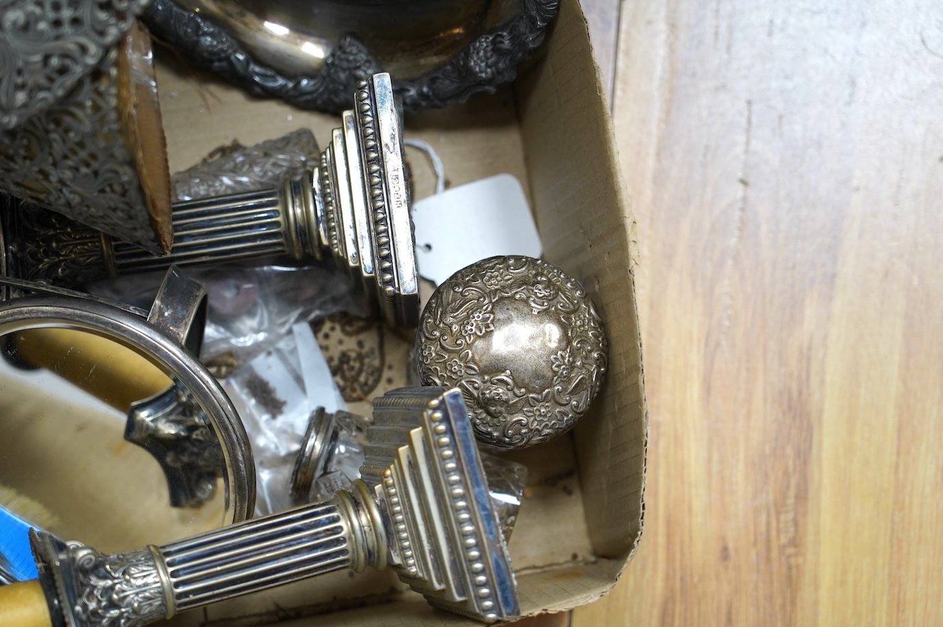 Four silver and enamelled dressing table items, three silver mounted toilet jars and minor plated wares. Condition - poor to fair